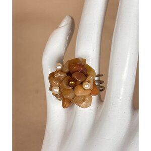 Vintage Cluster Pearls Carnelian Hand Made Silver Wire Adjustable Ring A107